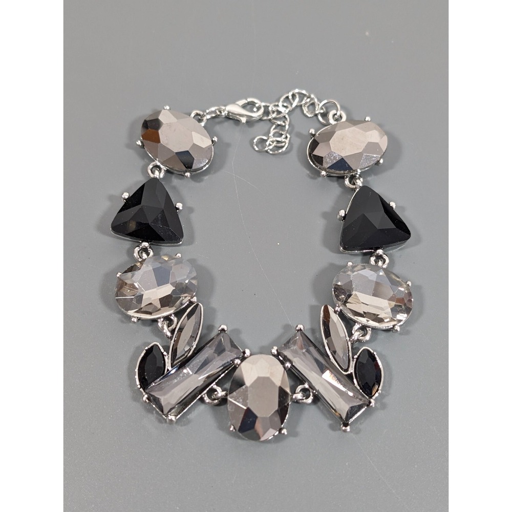 Black Gray Crystal Statement Bracelet Silver Tone Gothic Glam 9 in
